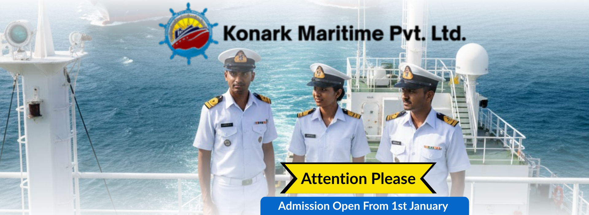 Create a high-quality vertical poster image focused only on Indian Merchant Navy and ships. Scene shows Indian navy merchant navy officers wearing white uniforms with caps, standing confidently o